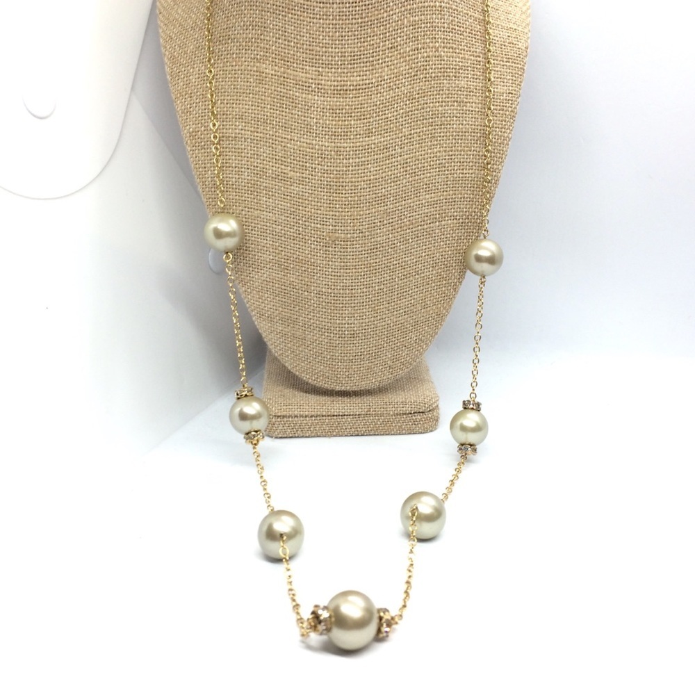 J. CREW LONG FAUX PEARL CHAIN RHINESTONE NECKLACE RONDELLES GOLD TONE
